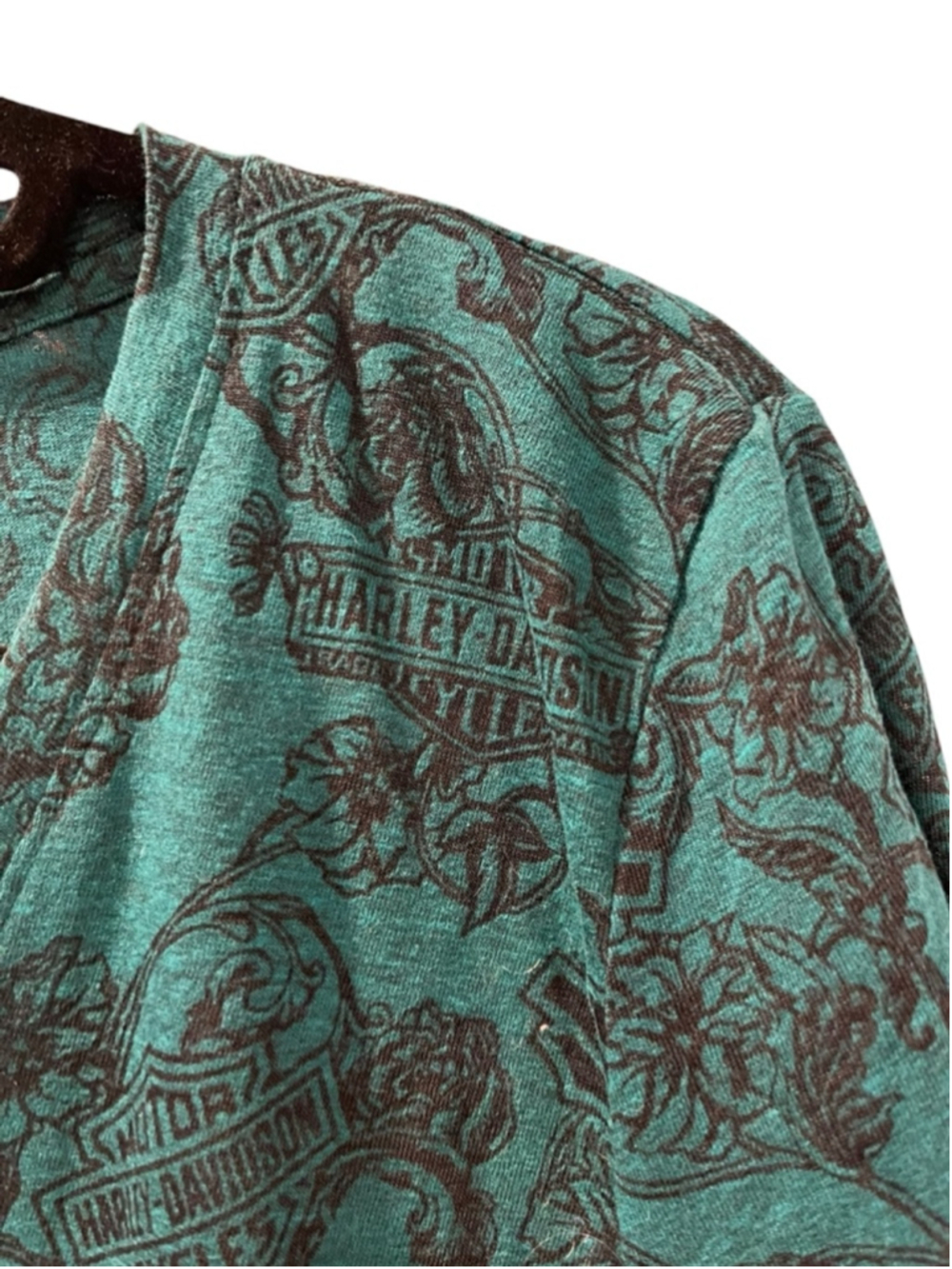 NWT Harley Davidson Skull Women 2X Burned Identity Studded V-Neck Tee Teal Green - Picture 3 of 11